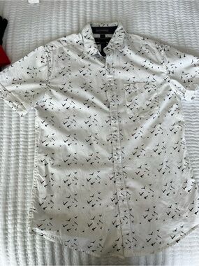 Men's White Short-Sleeve Button-Up Shirt with Bird Print